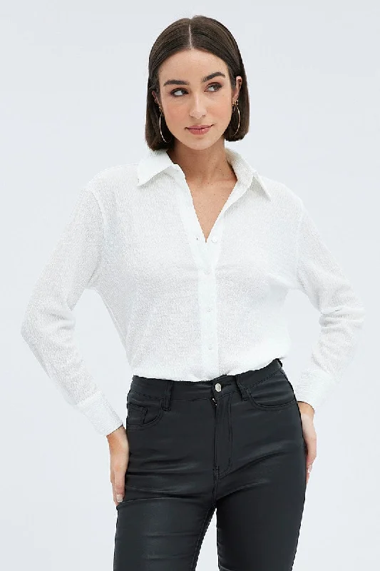 women's tops for wedding guest attireWhite Shirt Long Sleeve Collared Neck Textured