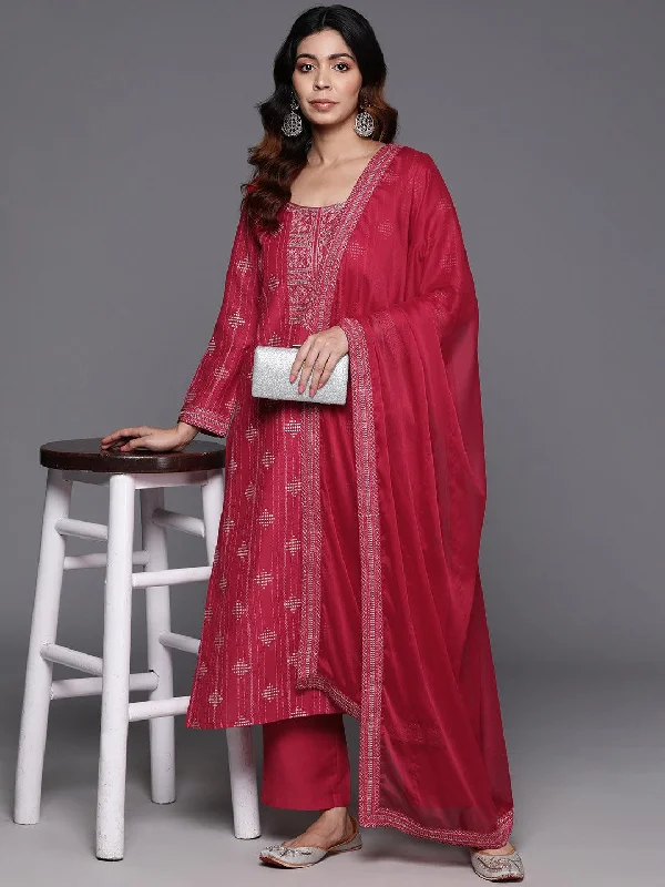 Pink Printed Silk Blend Straight Suit With Dupatta