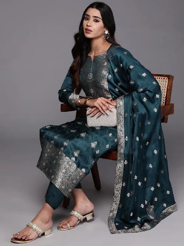 Libas Art Teal Embroidered Silk Straight Suit With Dupatta