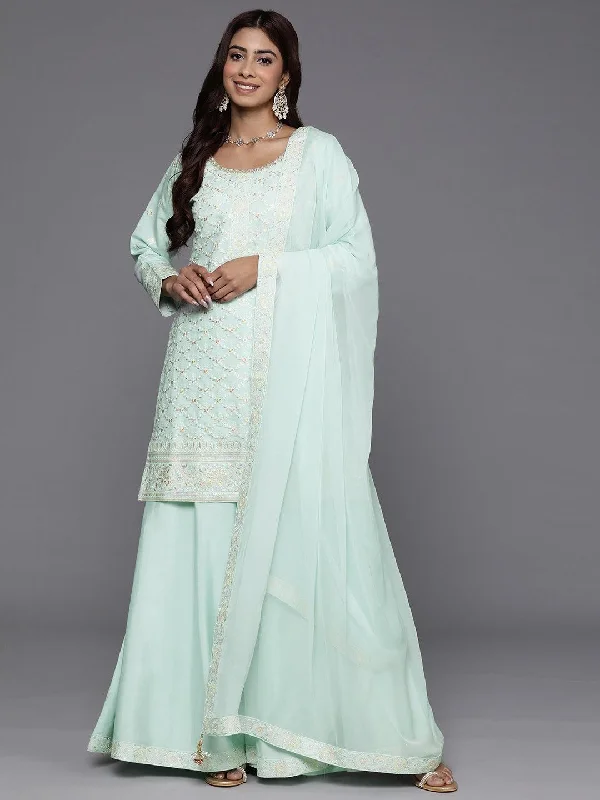 Libas Art Green Embroidered Silk Blend Straight Suit With Dupatta