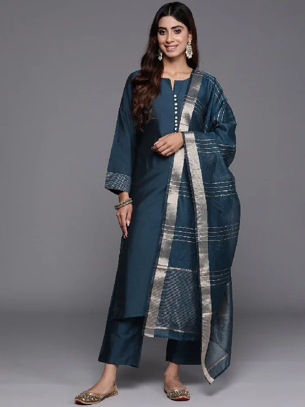 Blue Solid Silk Blend Straight Suit With Dupatta