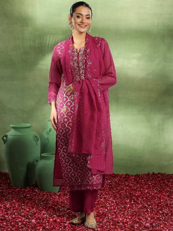 Pink Woven Design Organza Straight Suit With Dupatta