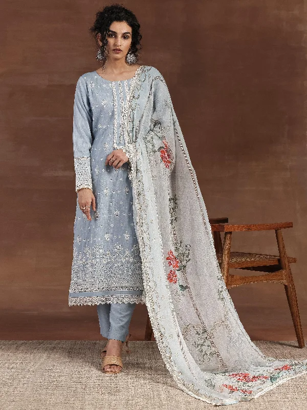 Blue Embroidered Silk Blend Straight Suit With Dupatta