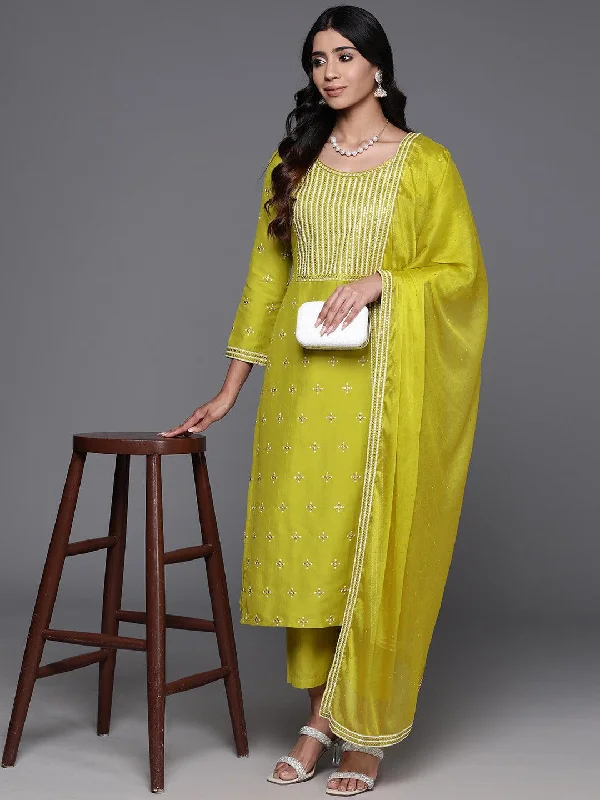 Mustard Embroidered Silk Blend Straight Suit With Dupatta