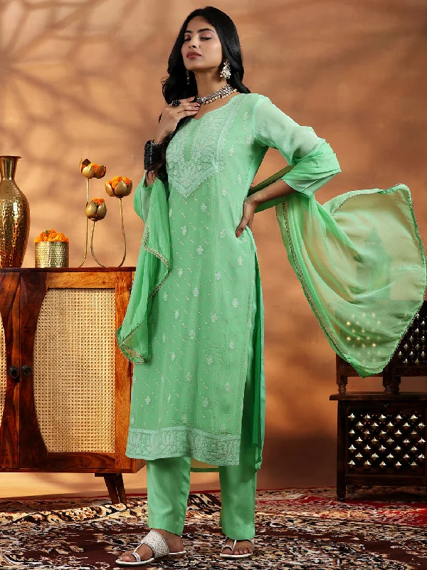 Green Embroidered Organza Straight Suit With Dupatta