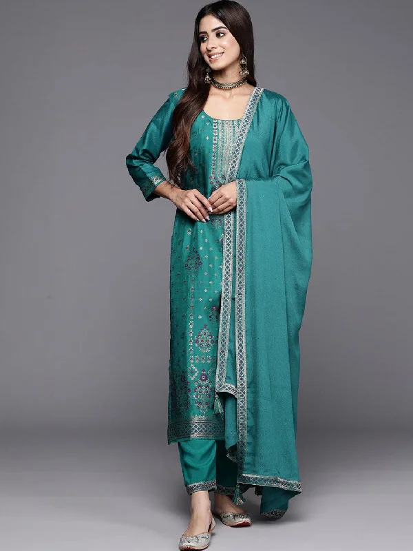 Turquoise Woven Design Silk Blend Straight Suit With Dupatta