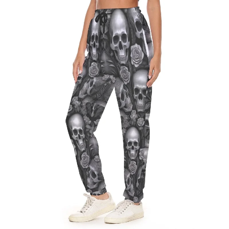 women's machine-washable dressesAdd A Touch of Edgy And Feminine Style With Our Gray Skulls And Flowers Pants For Women