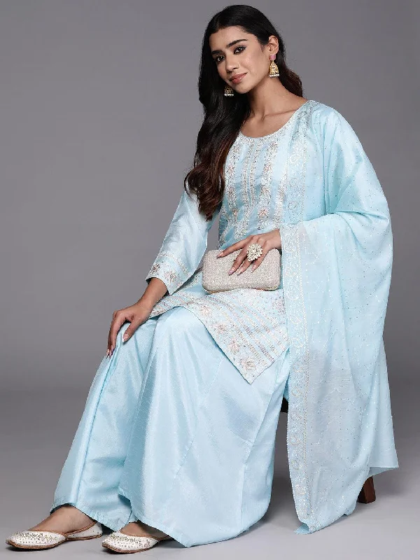 Libas Art Blue Embroidered Silk Blend Straight Suit With Dupatta