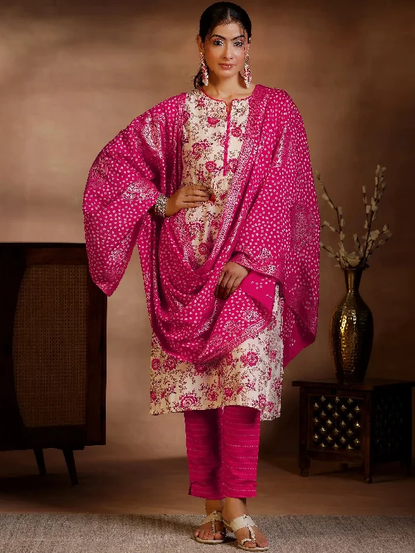 Pink Printed Silk Blend Straight Suits With Dupatta