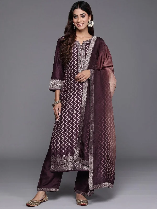 Wine Printed Silk Blend Straight Suit With Dupatta