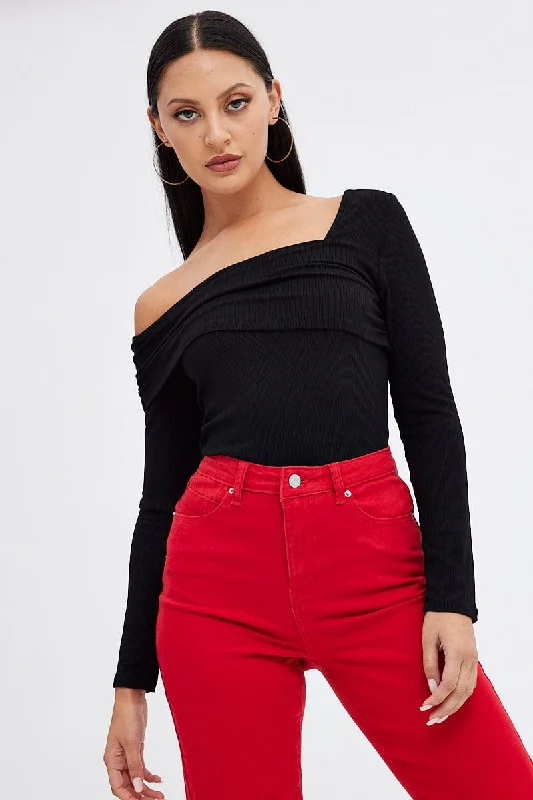 women's tops with bell sleevesBlack Top One Shoulder Long Sleeve Rib