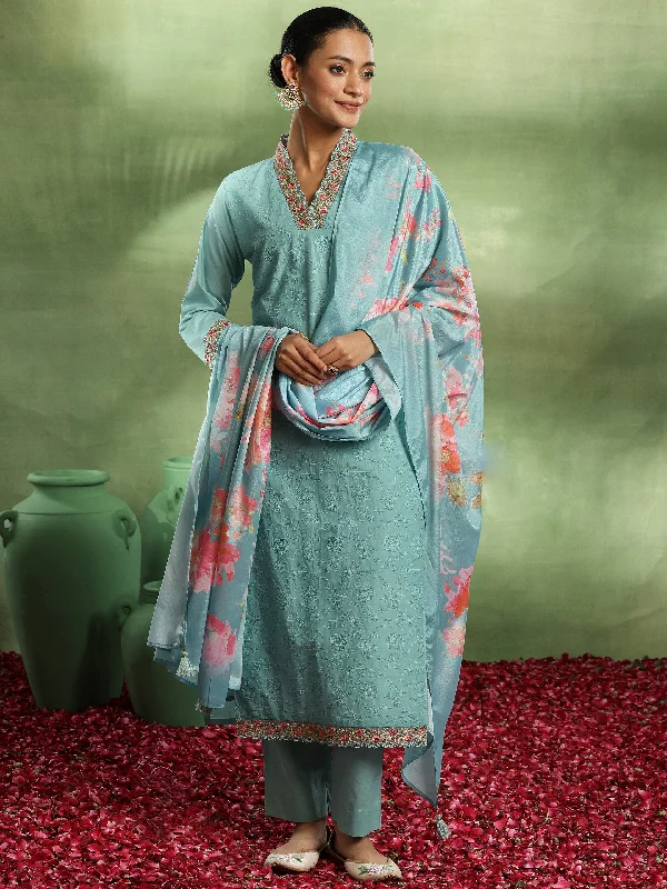 Sea Green Embroidered Cotton Straight Suit With Dupatta