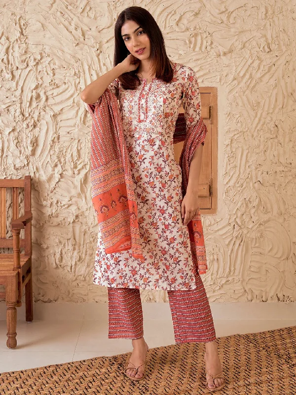 Rust Printed Cotton Straight Suit With Dupatta