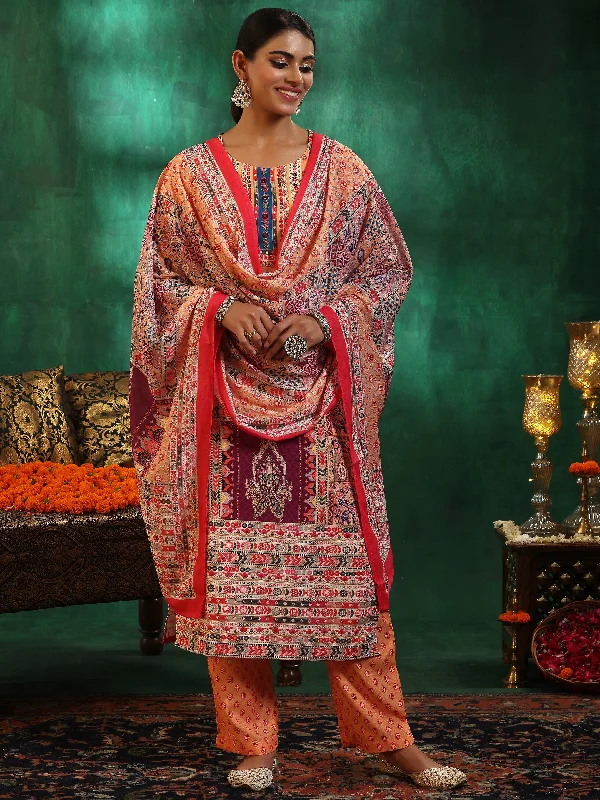 Multicoloured Printed Linen Straight Suit With Dupatta