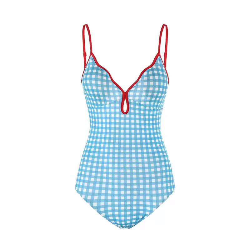 Competitive Female SwimwearBlue Gingham Design With Red Straps Monokini By Sinderella