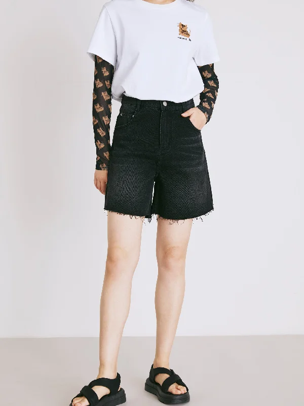 women's cotton shortsBlack Denim Raw Edge Shorts