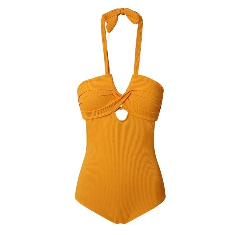 Maternity Female SwimwearSolid Yellow Color Monokini Halter Neck By Sinderella