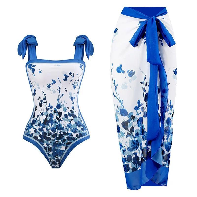 Beach Female SwimwearOne Piece Blue Petals Tie Up Swimsuit With Wrap Around Tie Up Sarong Skirt By Sinderella