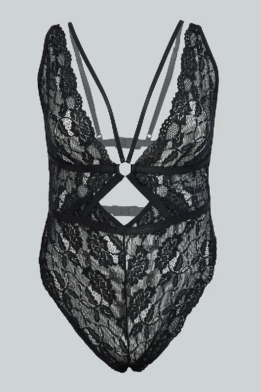 women's tops for those who want to wear versatile pieces that can be dressed up or downBlack Lace One Piece Bodysuit