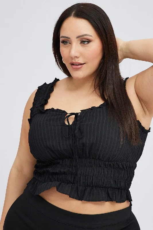 women's tops with ruffled hemsBlack Ruched Top Sleeveless Textured