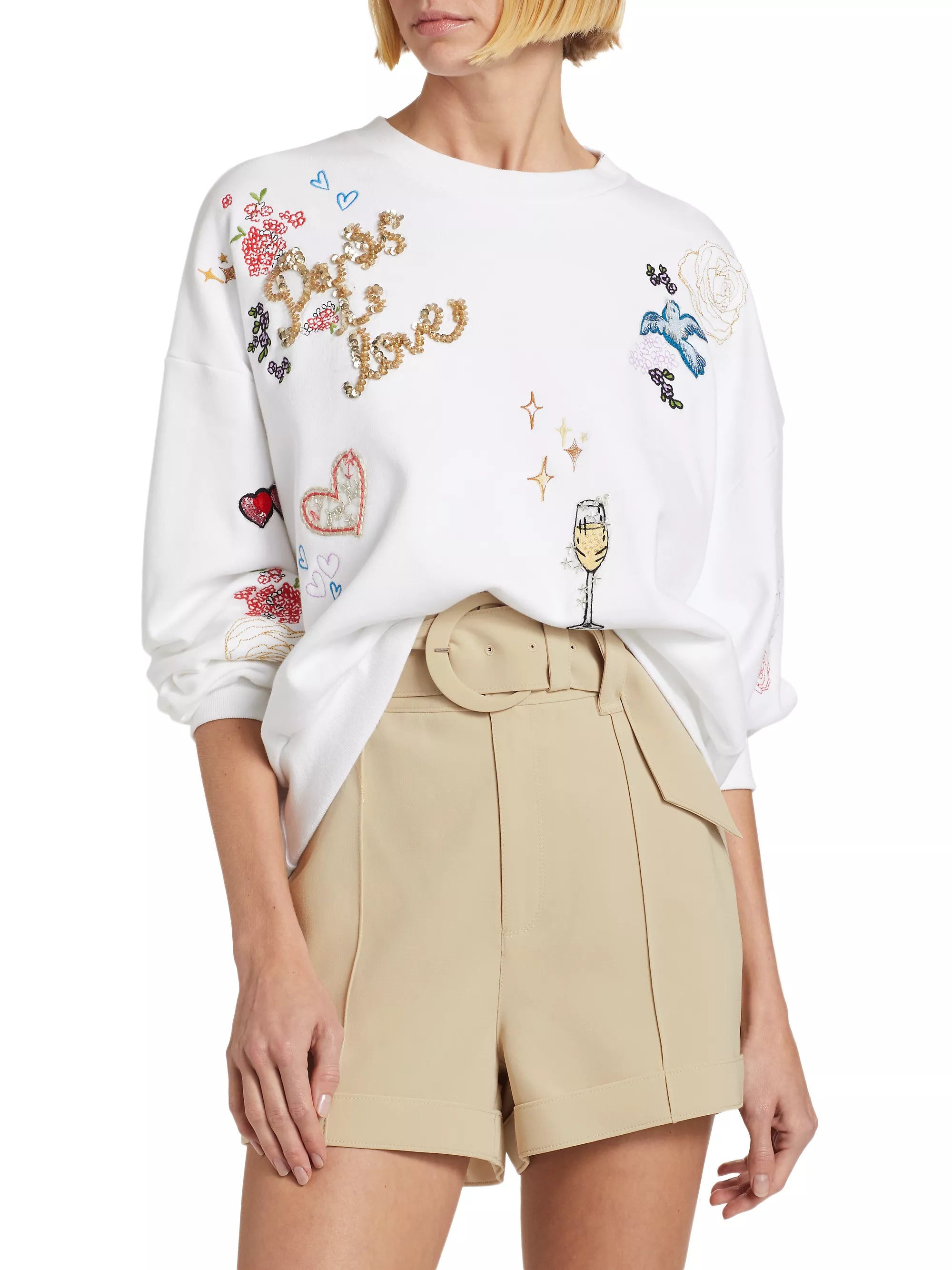 affordable women's topsBrandy Daydream Doodles Embroidered Pullover - White Multi