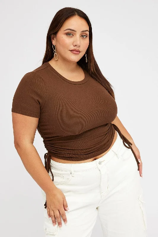 women's tops for beach outingsBrown Ruched Top Short Sleeve Crew Neck