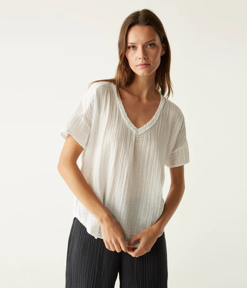 women's tops for those who love to experiment with fashionGretna Fabric MIxed Top - White