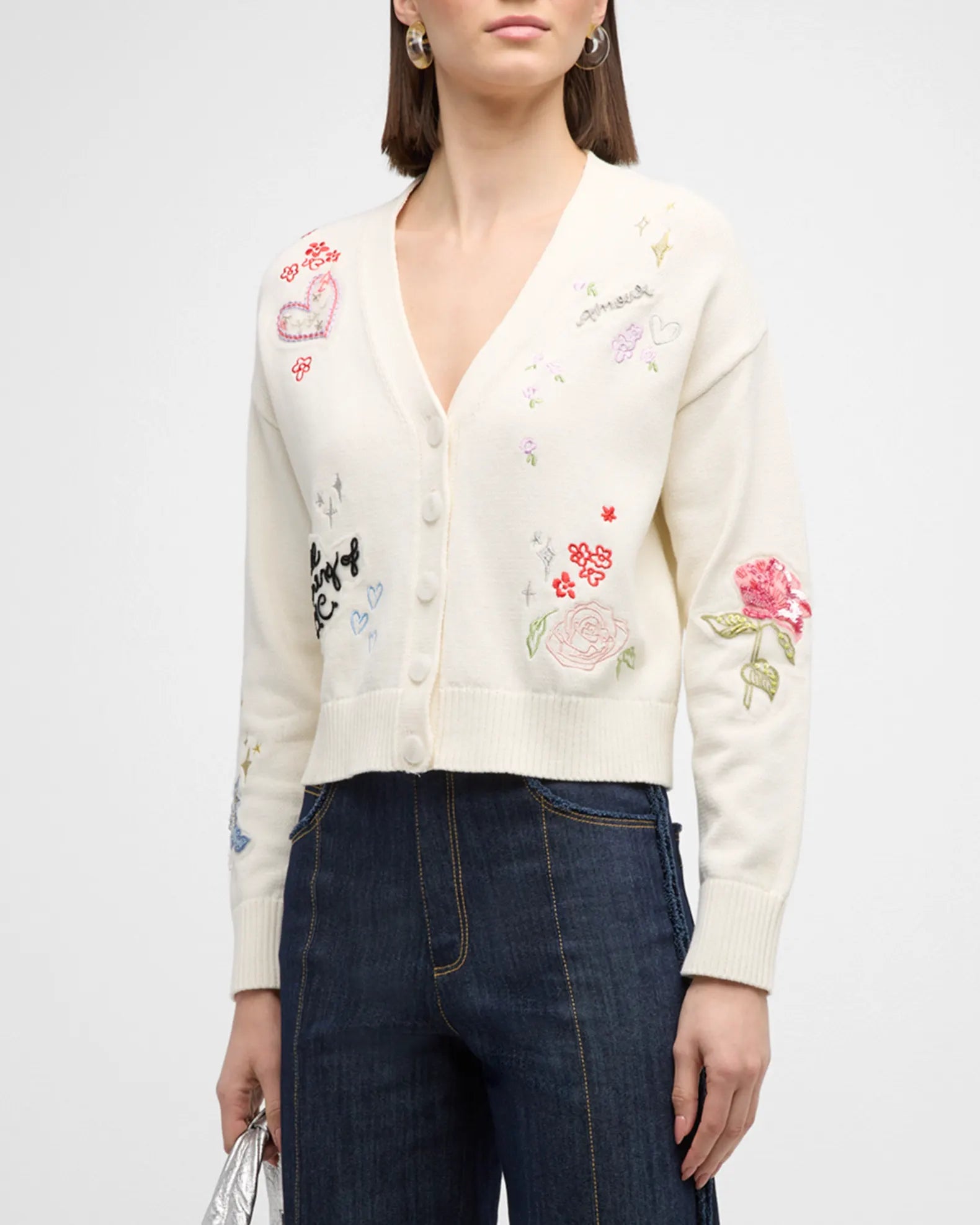 women's tops with sheer overlaysNyla Daydream Doodles Embroidered Cardigan - Ivory Multi