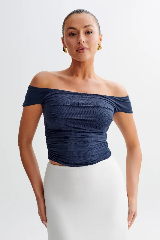 women's tops for those who refuse to compromise on stylePiper Ruched Off Shoulder Top - Navy