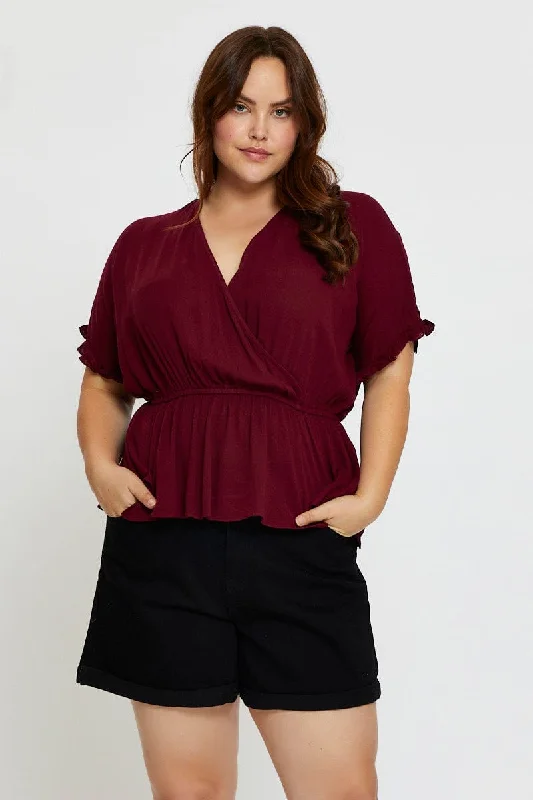 women's tops for those who want to make a bold fashion statement with their choice of topsRed Peplum Top Azure Short Sleeve Wrap Waist