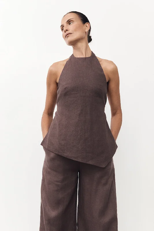 women's tops with cold-shoulder cutsSERENA CHOC LINEN ASYM HALTER TOP