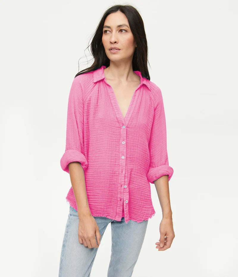 three-quarter sleeve women's topsToni Gauze Button Down - Flamingo