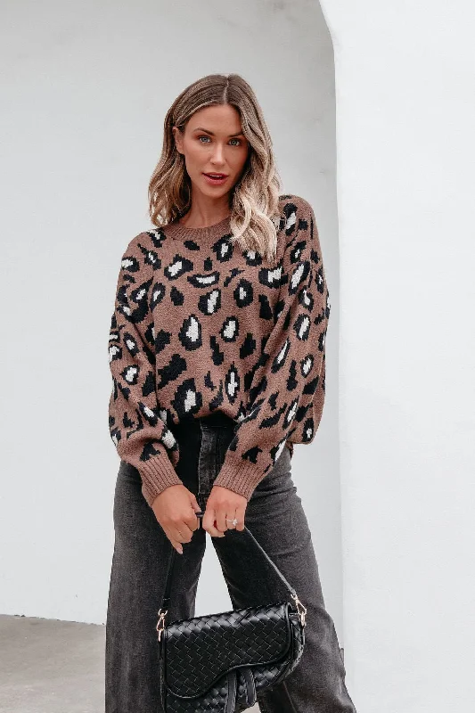 women's eco-friendly dressesBrown Leopard Print Ribbed Sweater