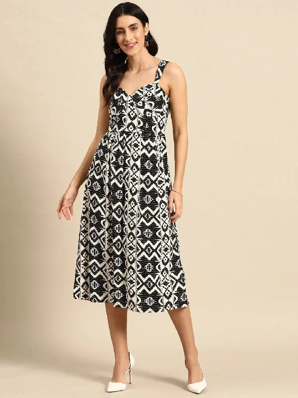 women's sustainable dressesCorset Top Midi Dress in Black and Cream Ikkat Print