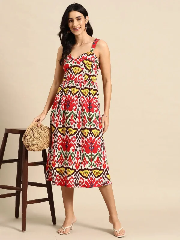 women's business casual dressesCorset Top Midi Dress in Red and Cream Ikkat Print