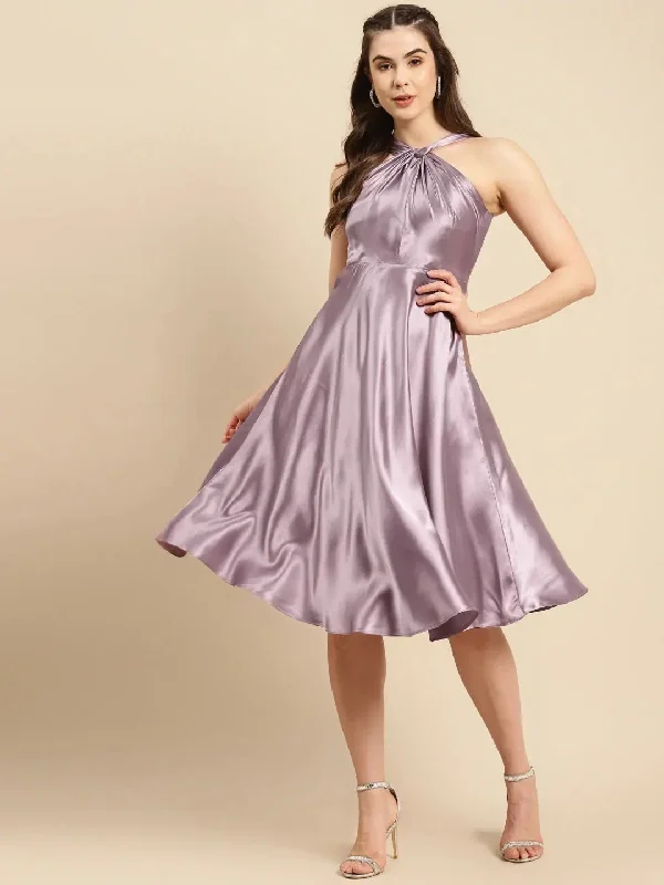 Peplum DressDraped neck flare midi dress in Mauve