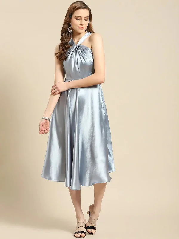 Bell-Sleeve DressDraped neck flare midi dress in Powder Blue