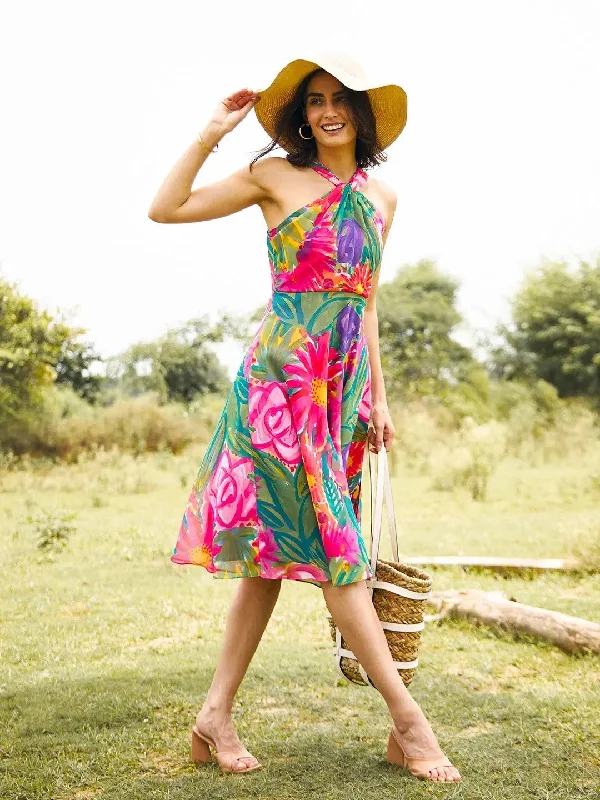 women's apple-shaped body dressesDraped neck midi dress in Pink and Green Print