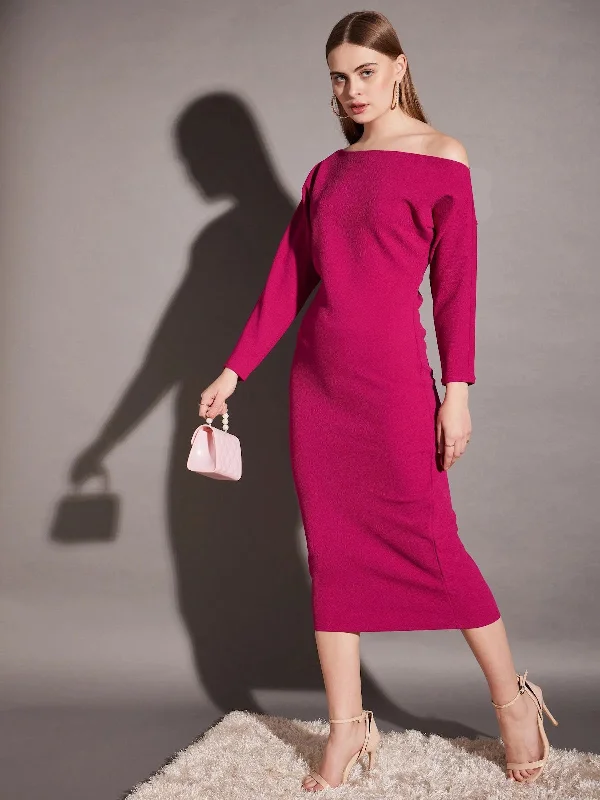 Ball Gown DressDrop shoulder fitted midi dress in Pink Color