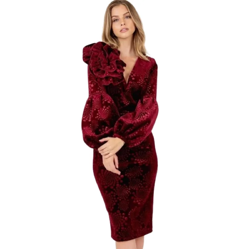 Plunging Neckline DressFlower Patch Flocked Velvet Fitted Midi Dress With Puff Sleeves