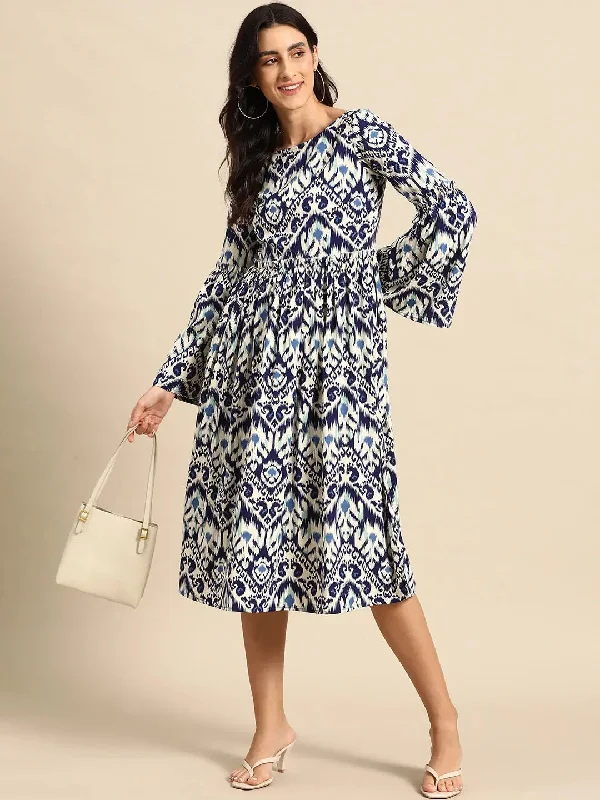 women's boho dressesMidi Dress with bell sleeve in Blue Ikkat Print