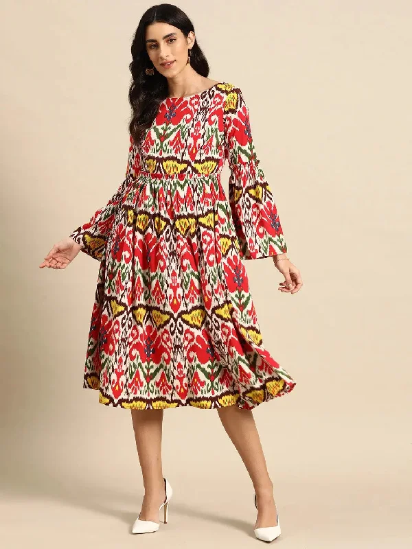 women's lightweight dressesMidi Dress with bell sleeve in Red and Cream Ikkat Print