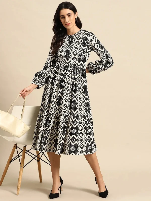 women's affordable dressesMidi Layered dress with balloon sleeve in Black and Cream Ikkat Print