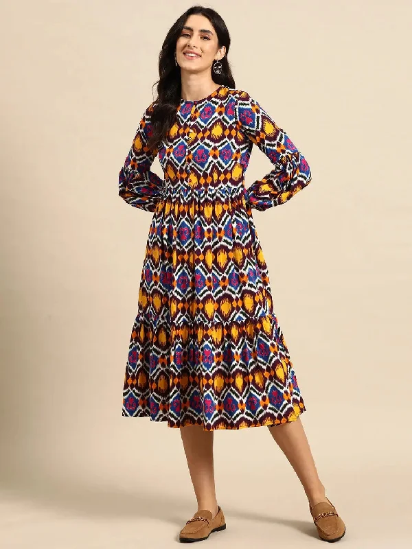 women's handmade dressesMidi Layered dress with balloon sleeve in Multi color ikkat Print