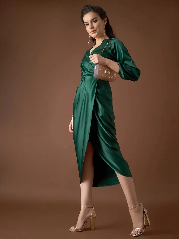 Animal Print DressOverlap neck Tulip midi Dress in Green Color