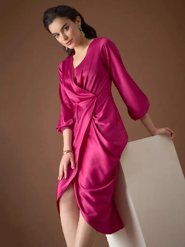 Sequined DressOverlap neck Tulip midi Dress in Pink Color