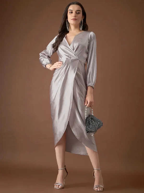 Pearl DressOverlap neck Tulip midi Dress in Silver Color