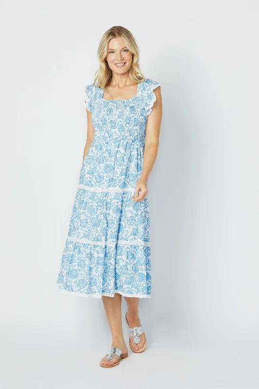 Chiffon DressSail to Sable Flutter Sleeve Smocked Midi Dress - Blue Rose