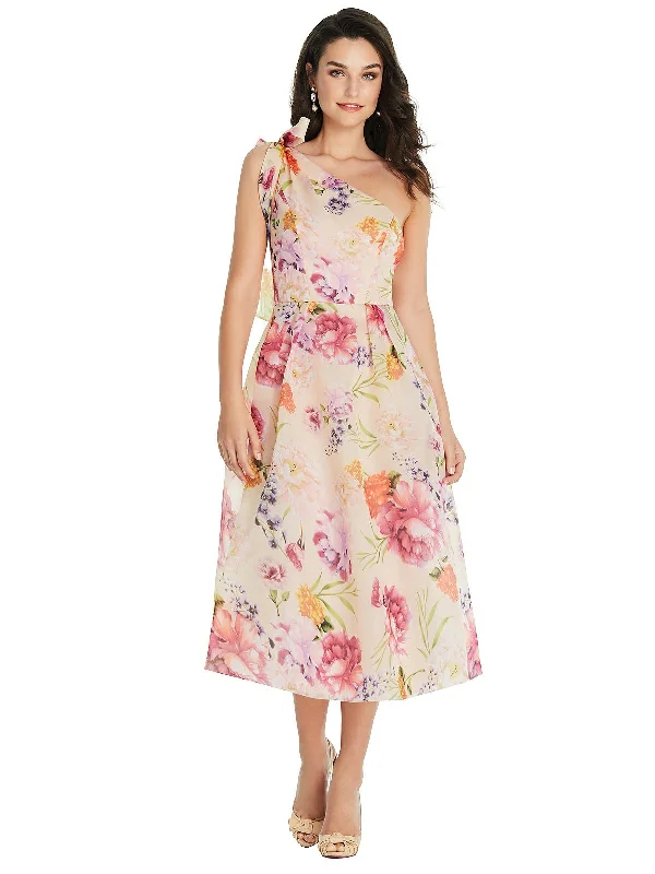 Designer DressScarf-Tie One-Shoulder Pink Floral Organdy Midi Dress