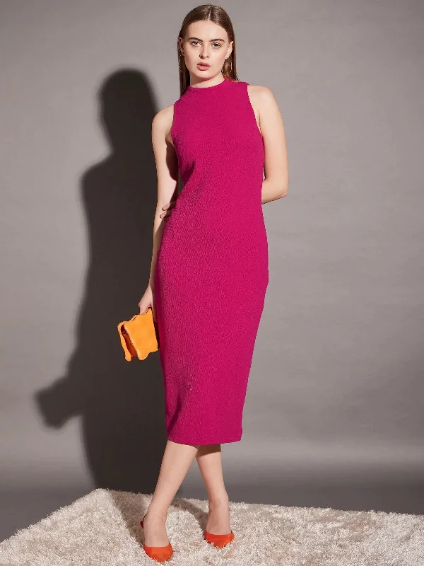 Empire DressSleeveless high neck bodycon midi dress in Pink Color